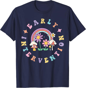 Early Intervention Wildflower Rainbow Groovy Teacher Women T-Shirt - T-Shirt | Navy