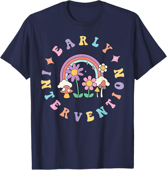 Early Intervention Wildflower Rainbow Groovy Teacher Women T-Shirt - T-Shirt | Navy