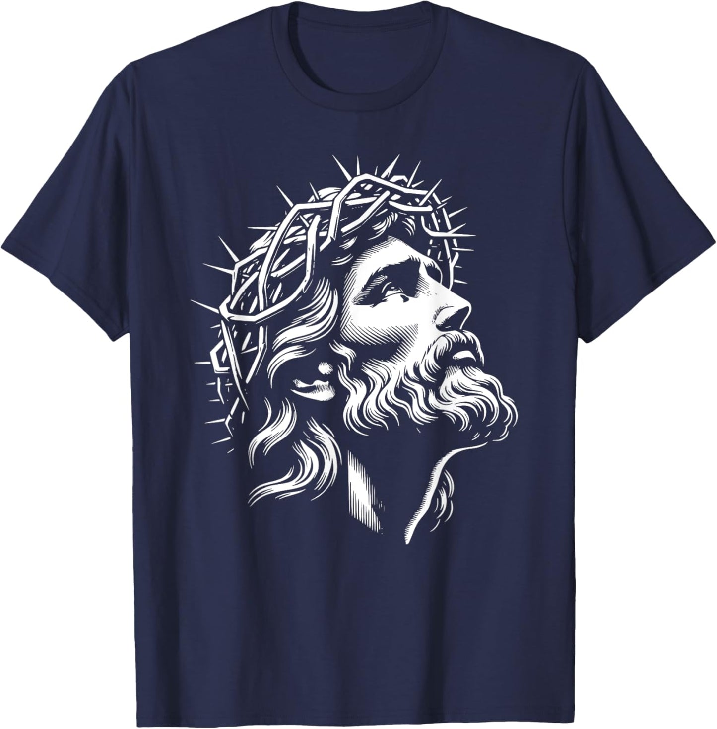 Jesus Christ Face With Crown Of Thorns God Bible T-Shirt - T-Shirt | Navy