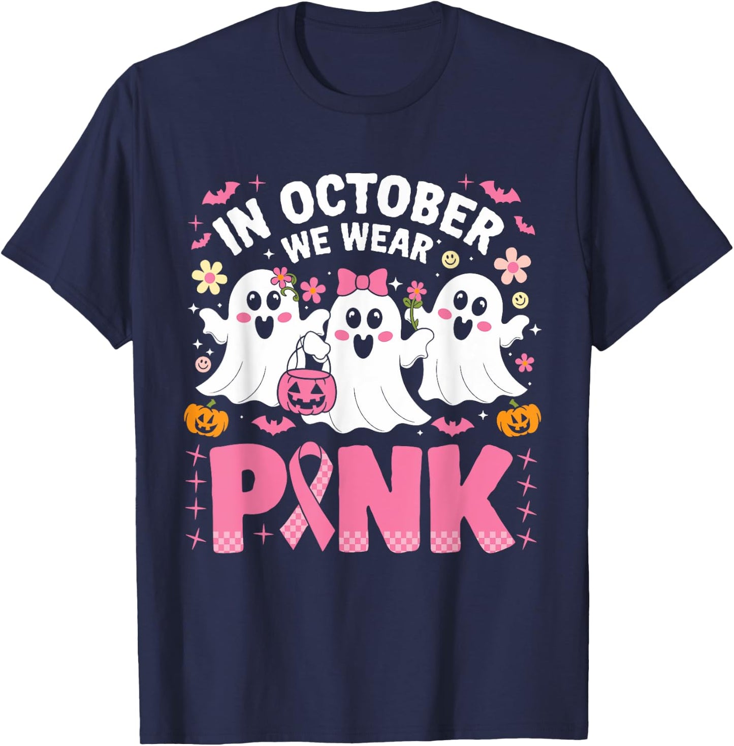 In October We Wear Pink Ghost Witch Breast Cancer Awareness T-Shirt - T-Shirt | Navy