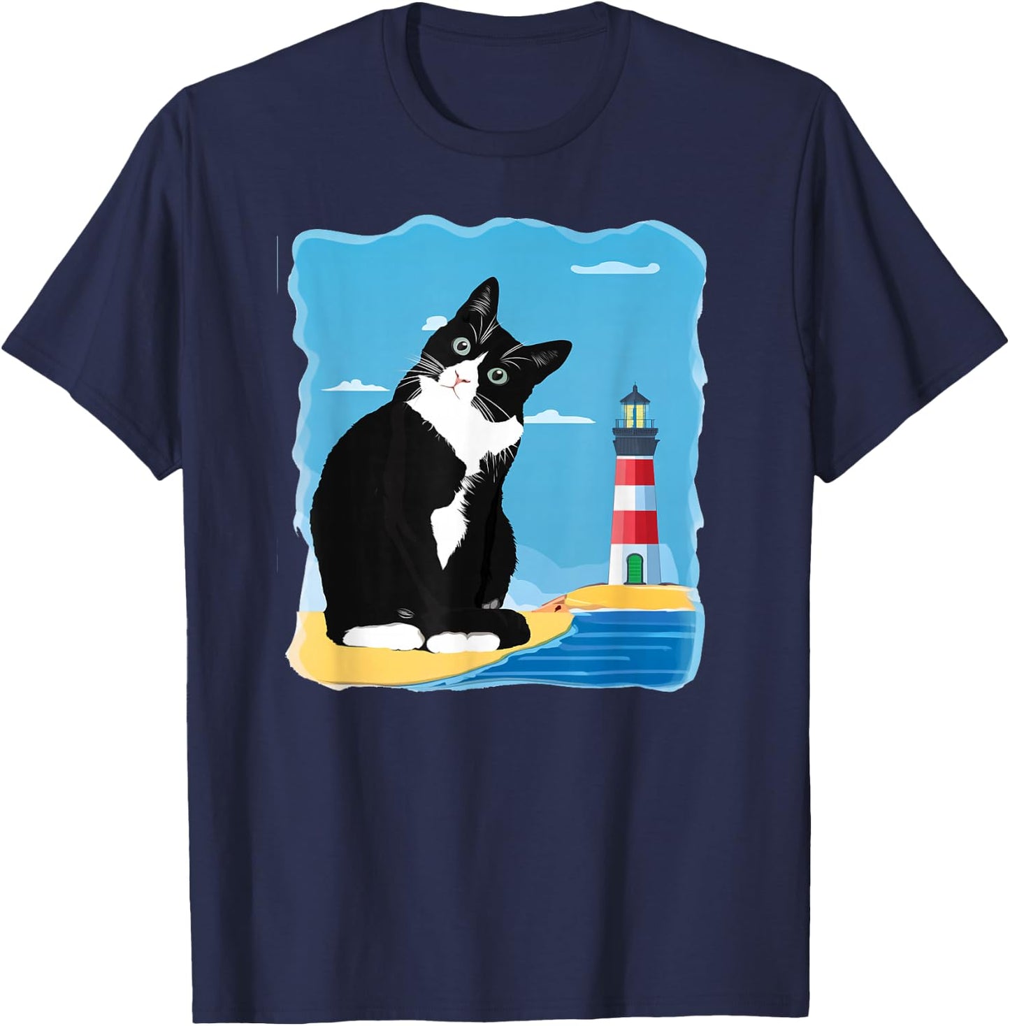 Tuxedo Cat Lighthouse Day Ocean Beach Summer Men Women Girls Kids T-Shirt - T-Shirt | Navy