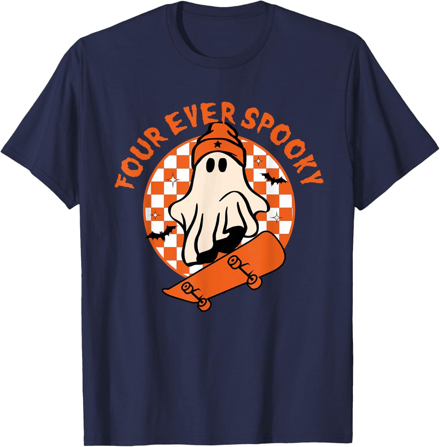 Four Ever Spooky 4th Birthday Halloween Skateboarding Ghost T-Shirt - T-Shirt | Navy