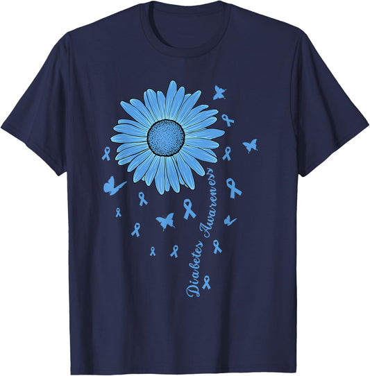 Diabetes Awareness Month Flower Blue Ribbon Diabetic Type 1 T-Shirt - T-Shirt | Navy