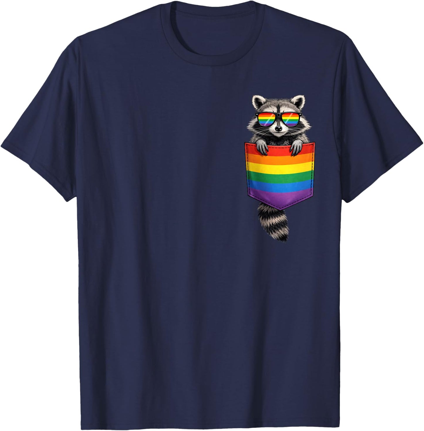 Cute Raccoon Pocket Funny LGBT Rainbow Ally Gay Pride Flag T-Shirt - T-Shirt | Navy