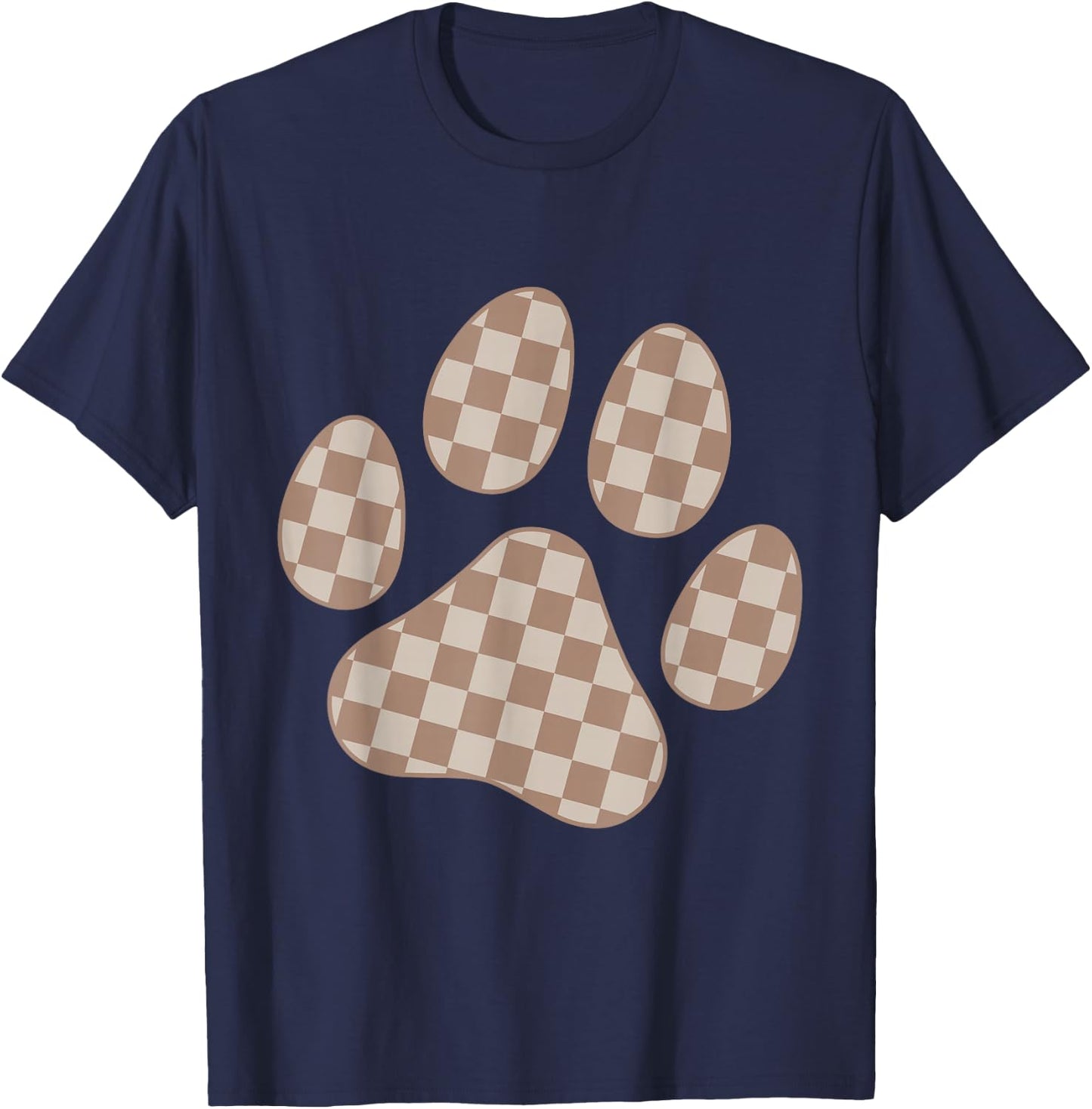 Brown Beige Checkered Cat Dog Paw Print Checkerboard Men Women Kids T-Shirt - T-Shirt | Navy