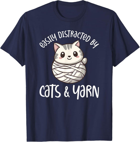 Easily Distracted By Cats And Yarn, Kitten Lover Crochet T-Shirt - T-Shirt | Navy