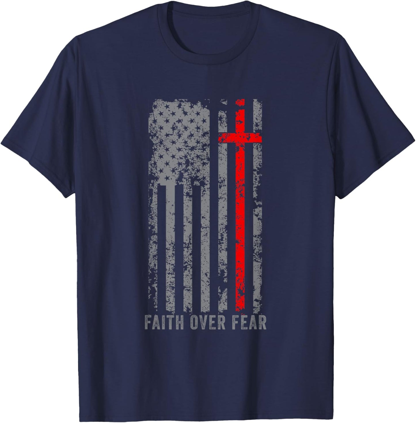 Faith Over Fears Cool Christian Cross Gym American USA Flag T-Shirt - T-Shirt | Navy