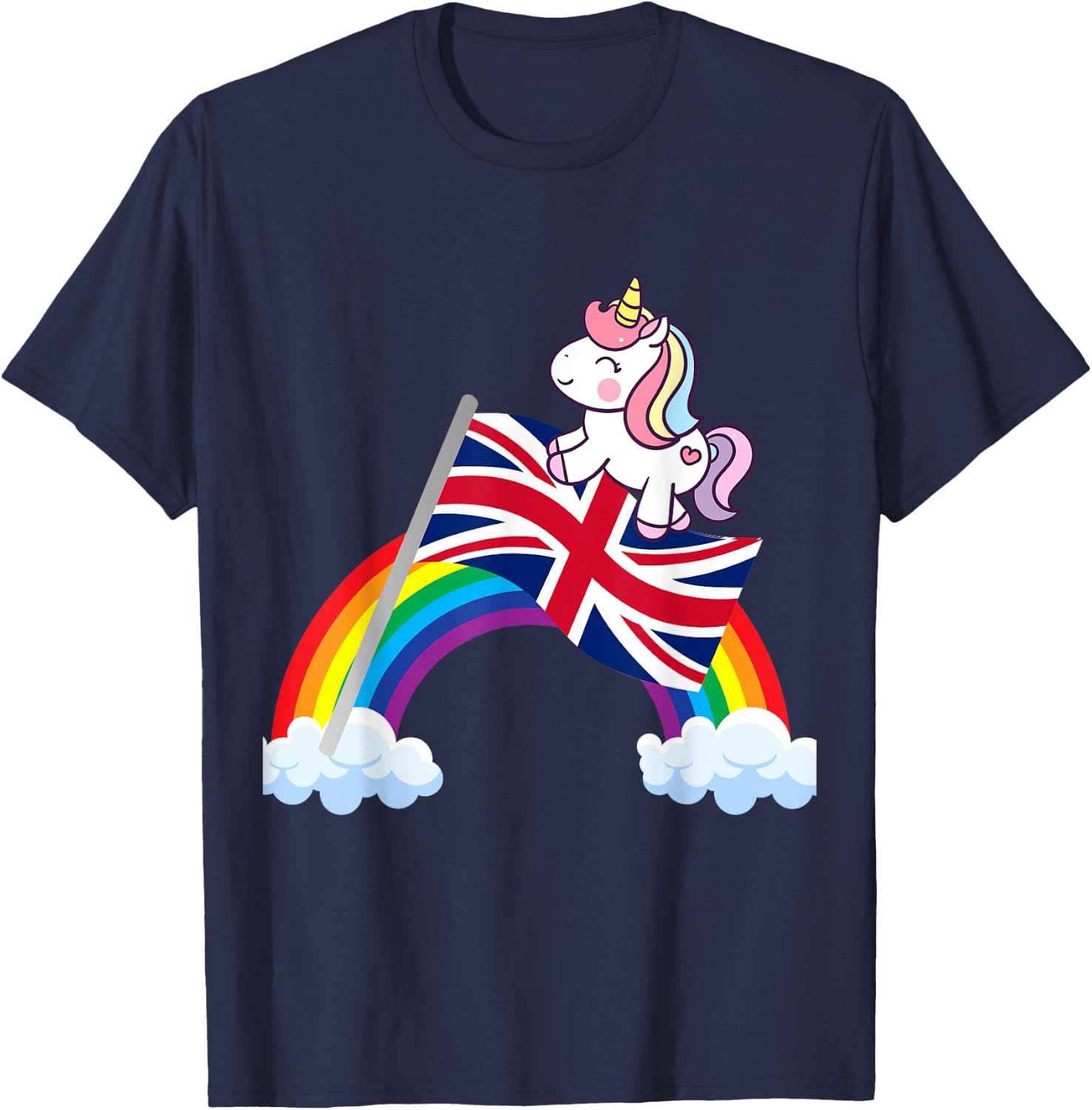 Unicorn Riding British UK Flag Boys Girls Women Kids Rainbow T-Shirt - T-Shirt | Navy