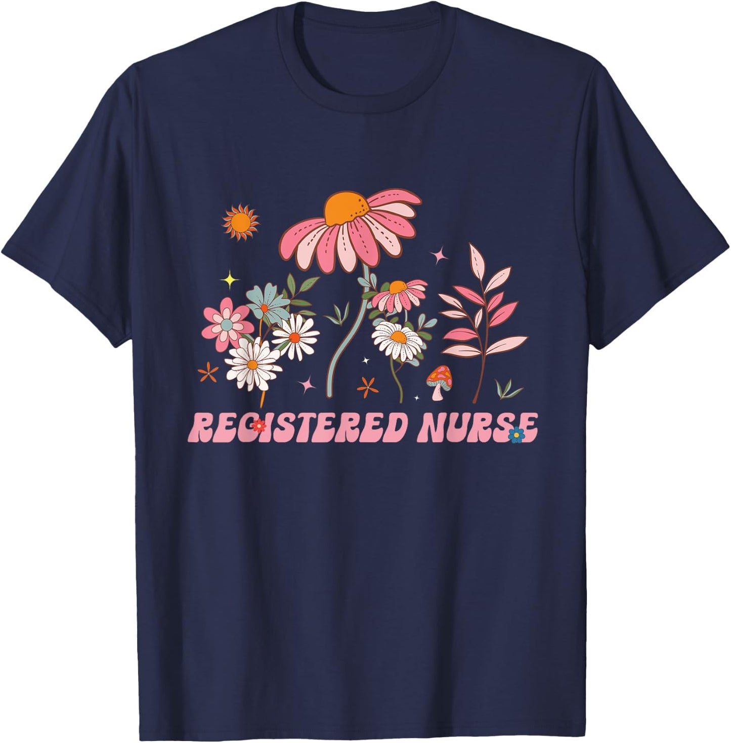 Groovy Registered Nurse Wildflower Flowers Summer T-Shirt - T-Shirt | Navy