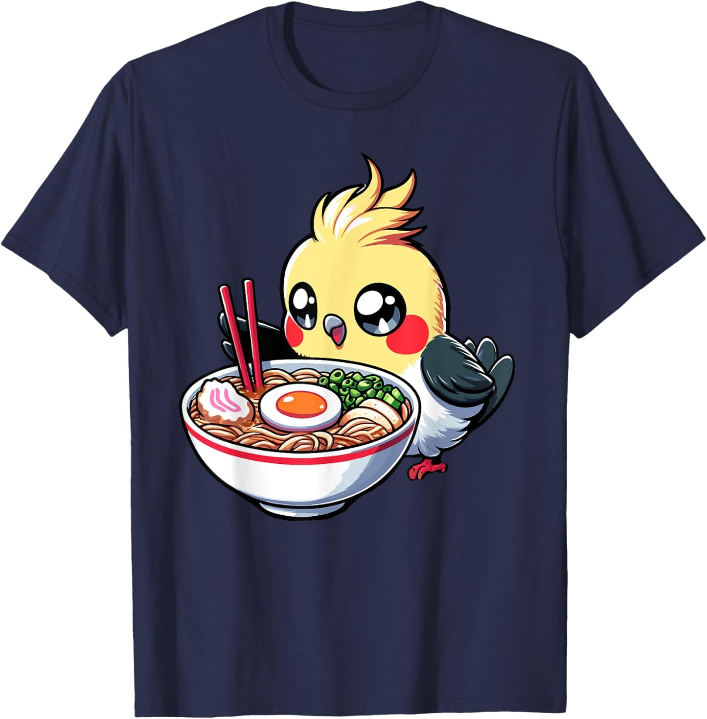 Cute Kawaii Cockatiel Bird Eating Ramen Parrot Lover Funny T-Shirt - T-Shirt | Navy