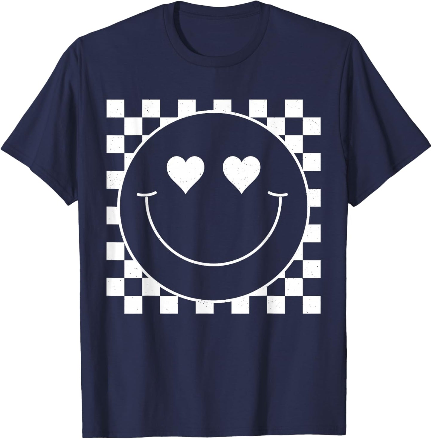 White Checkered 80s Heart Eyes Smile Face Shirt Happy Face T-Shirt - T-Shirt | Navy