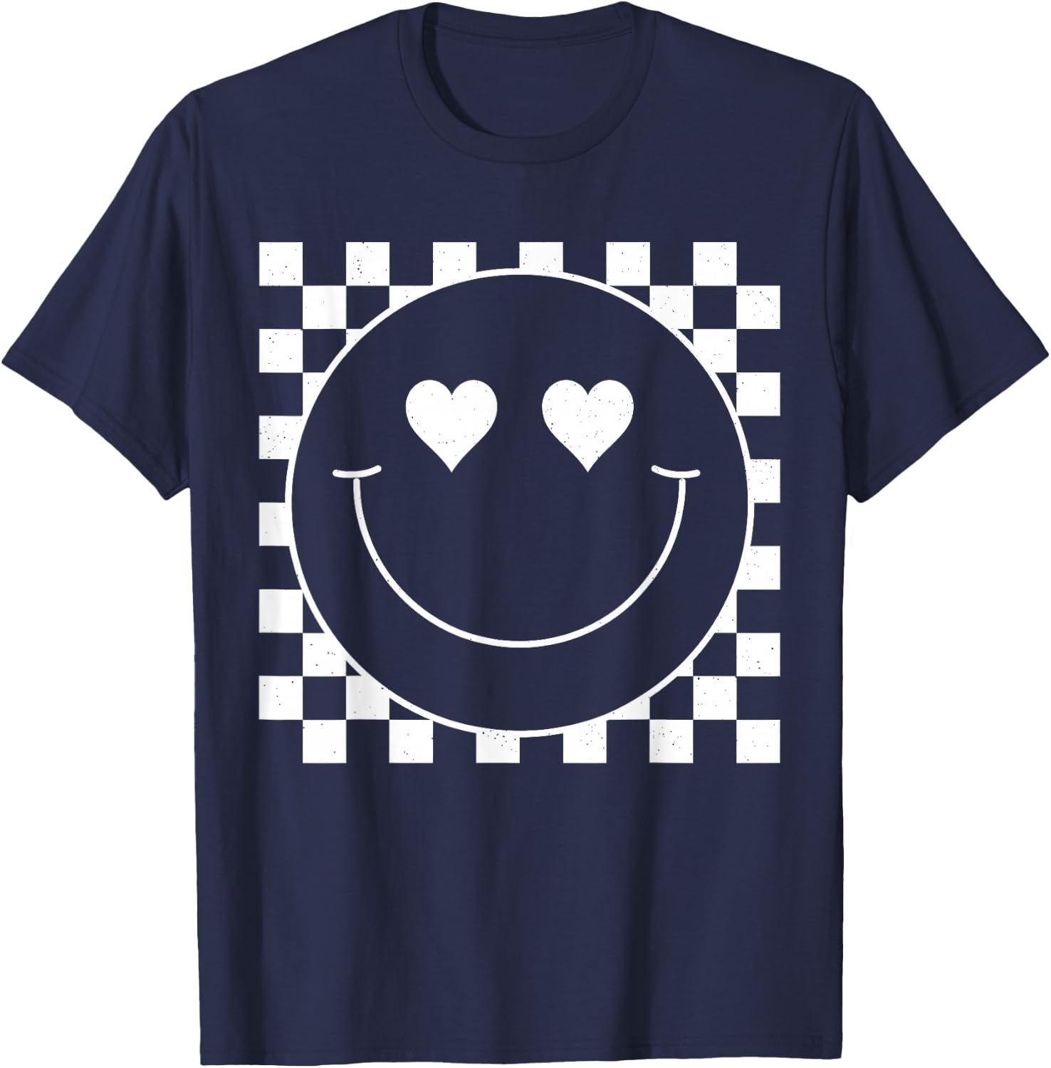 White Checkered 80s Heart Eyes Smile Face Shirt Happy Face T-Shirt - T-Shirt | Navy