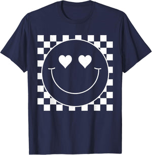 White Checkered 80s Heart Eyes Smile Face Shirt Happy Face T-Shirt - T-Shirt | Navy
