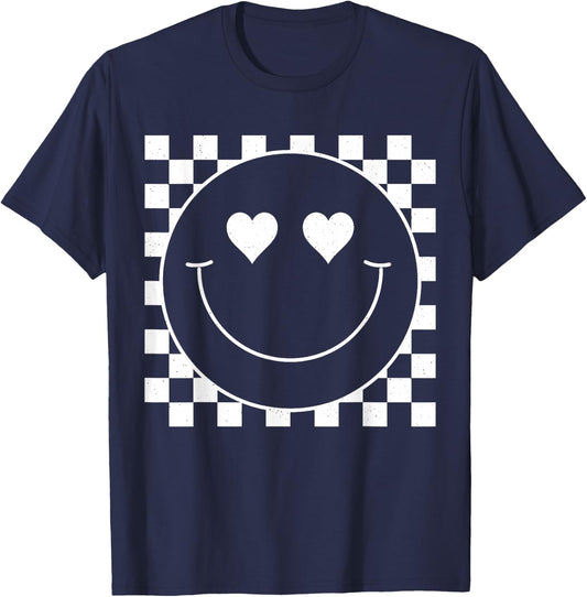 White Checkered 80s Heart Eyes Smile Face Shirt Happy Face T-Shirt - T-Shirt | Navy