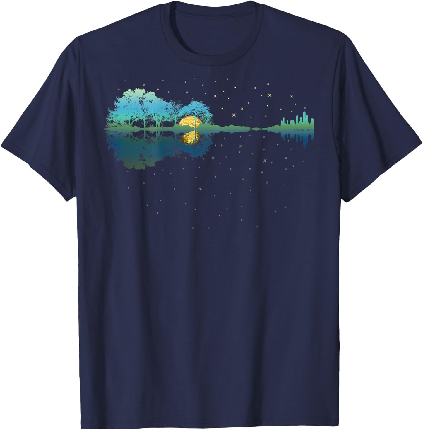 On Back | Guitar Lake Reflections Night Sky and Moon Guitar T-Shirt - T-Shirt | Navy