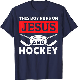 This Boy Runs On Jesus And Hockey Christian Ice Hockey Lover T-Shirt - T-Shirt | Navy