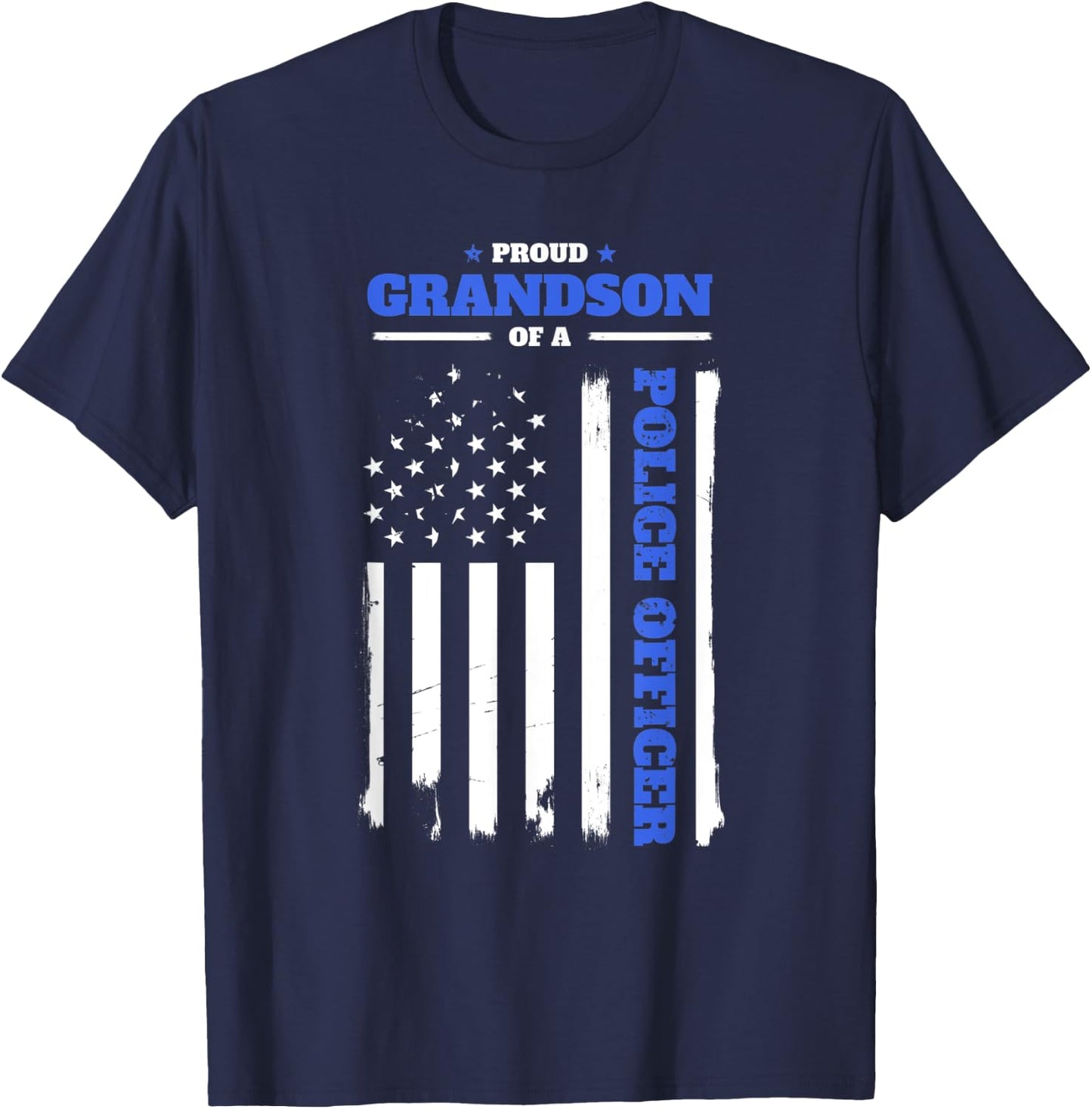 Proud Grandson of a Police Officer Distressed American Flag Women Kids Men T-Shirt - T-Shirt | Navy