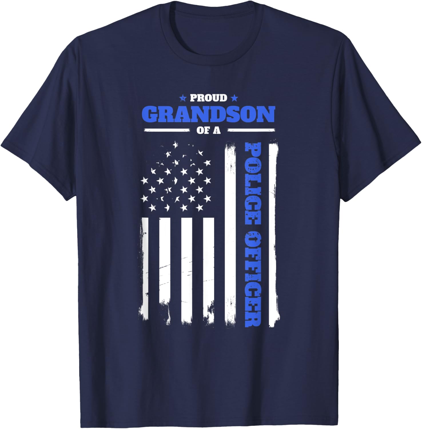 Proud Grandson of a Police Officer Distressed American Flag Women Kids Men T-Shirt - T-Shirt | Navy