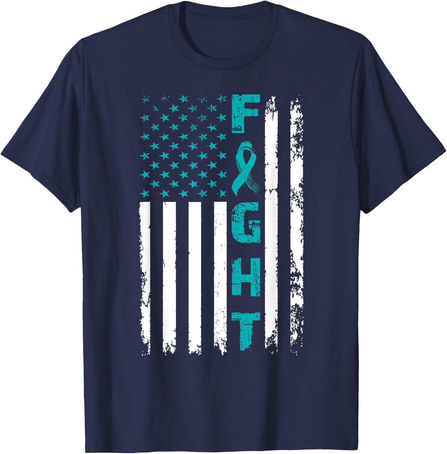 Fight Ovarian Cancer American Flag Awareness Survivor T-Shirt - T-Shirt | Navy