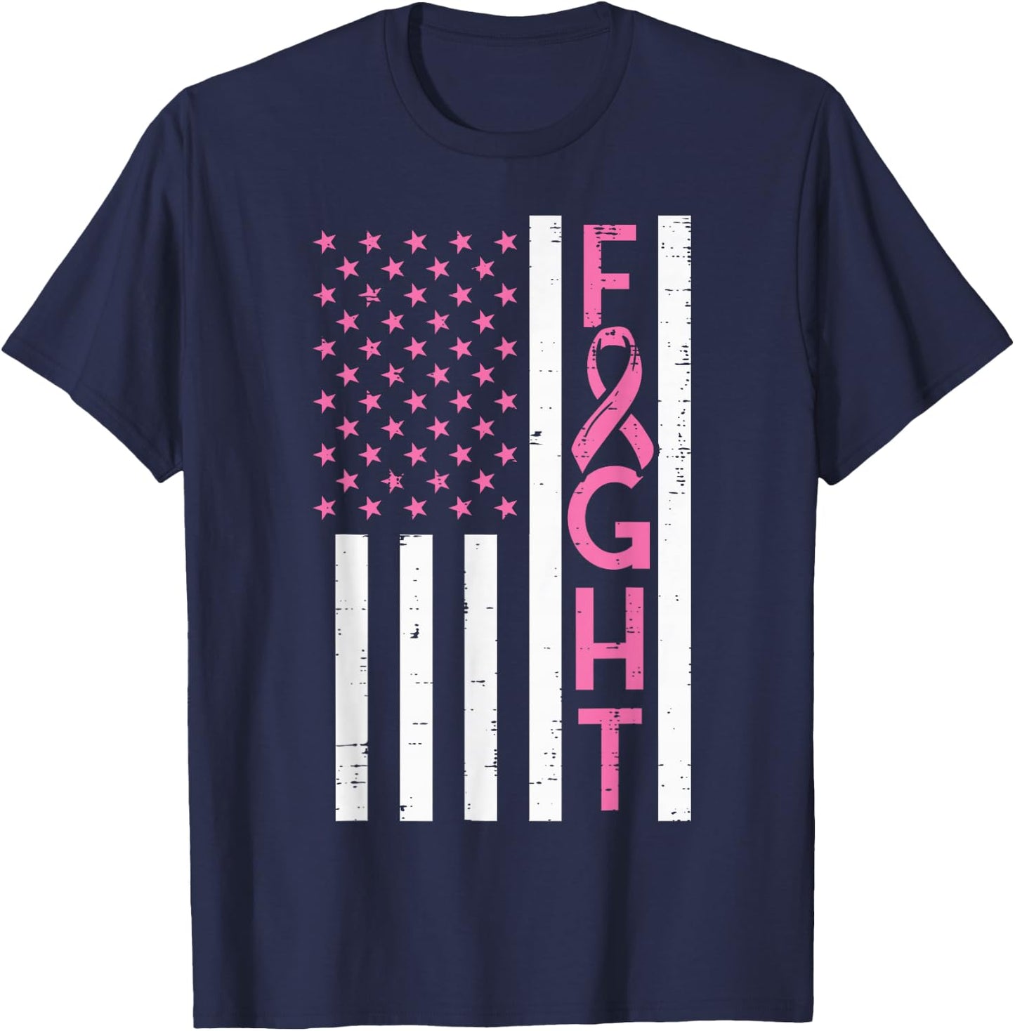 US Flag Pink Ribbon Fight Breast Cancer Awareness Patriotic T-Shirt - T-Shirt | Navy