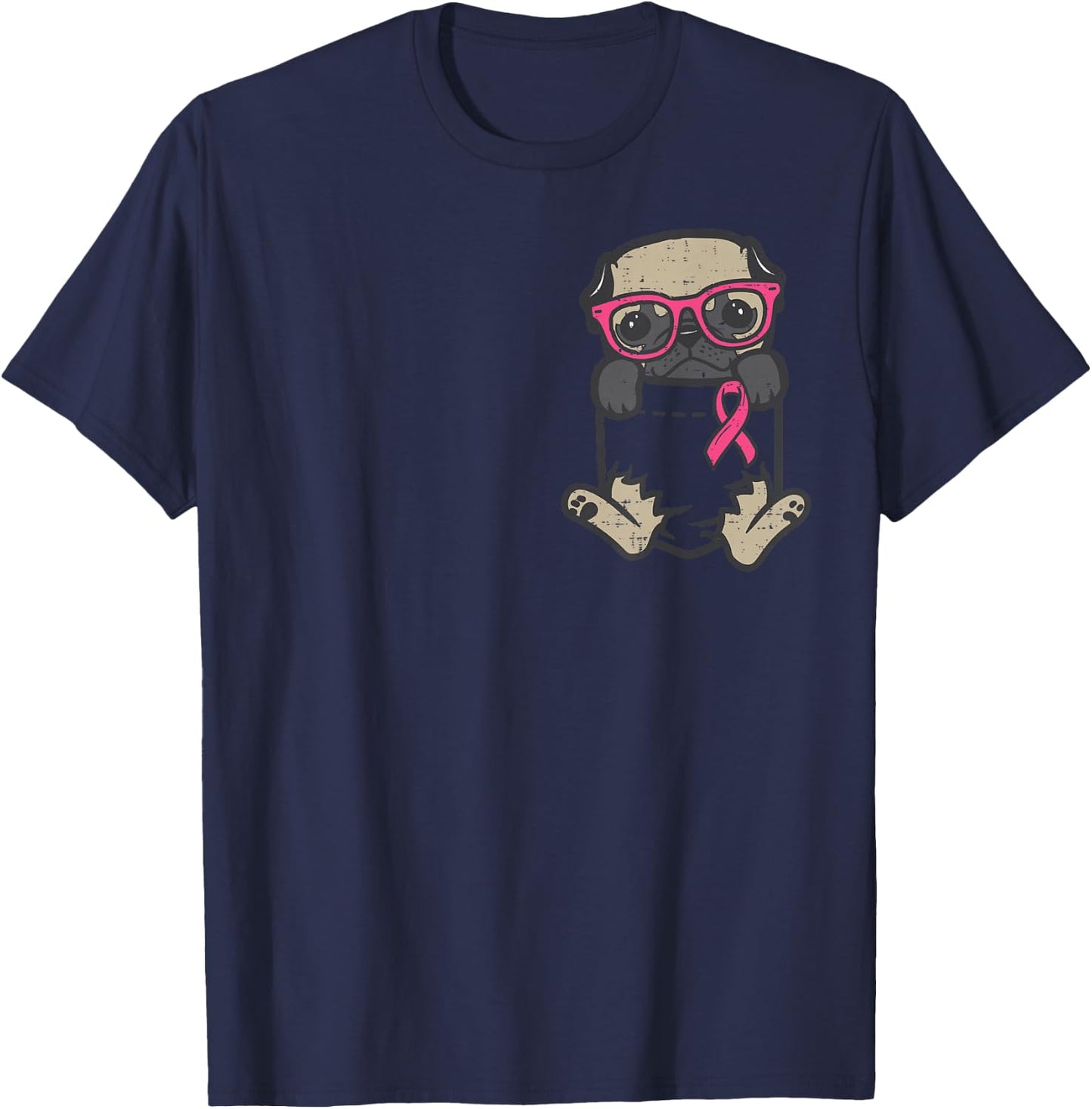 Pocket Pug Dog Pink Ribbon Breast Cancer Awareness Dog T-Shirt - T-Shirt | Navy