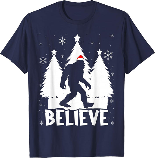 Believe In Bigfoot Christmas Sasquatch Bigfoot Santa Hat T-Shirt - T-Shirt | Navy