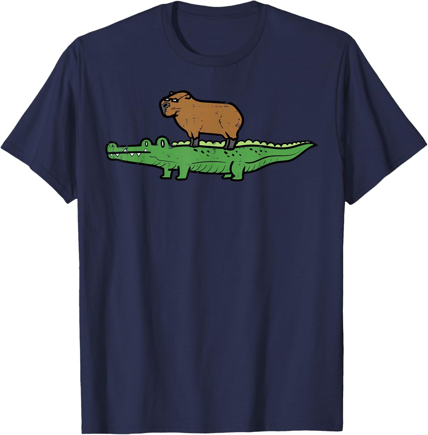 Capybara On Crocodile Capy Alligator Rodent Men Women Kids T-Shirt - T-Shirt | Navy