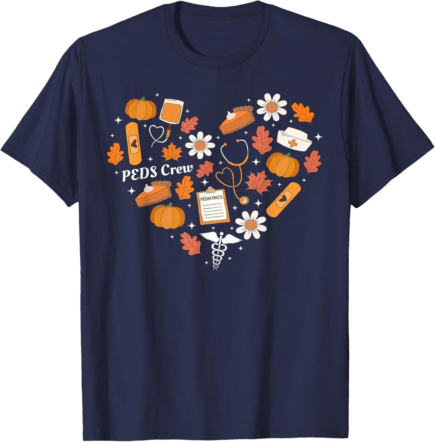 PEDS Crew Nurse Fall Heart Pediatric Pumpkin Thanksgiving T-Shirt - T-Shirt | Navy