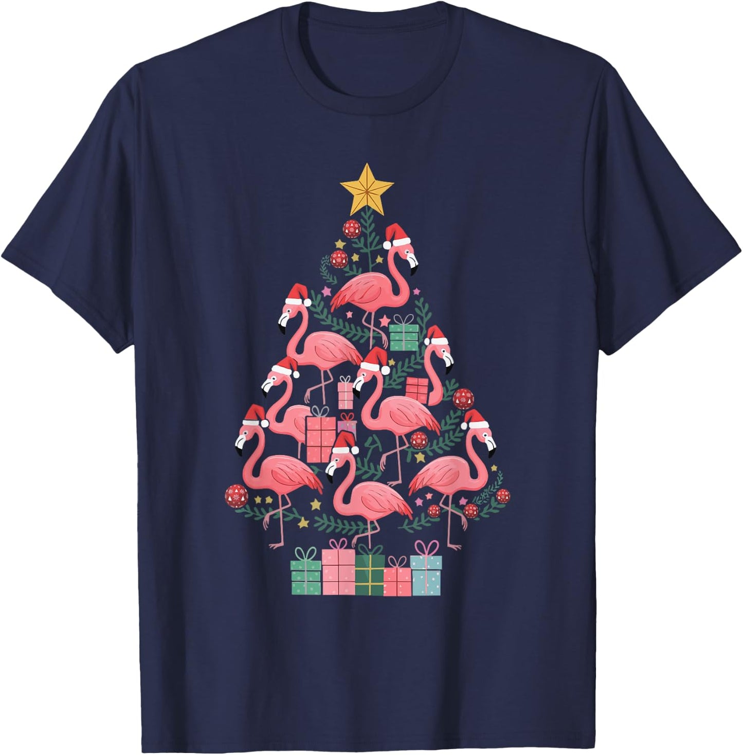 Flamingo Christmas Tree T-Shirt - T-Shirt | Navy