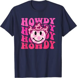 Howdy Groovy Smile Western Girl Country Rodeo Pink Cowgirl T-Shirt - T-Shirt | Navy
