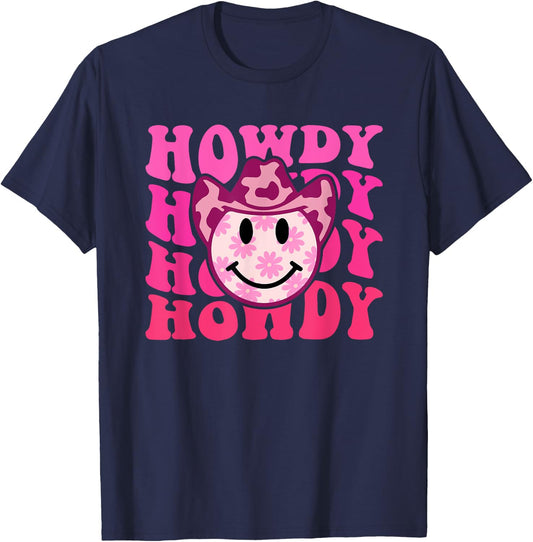 Howdy Groovy Smile Western Girl Country Rodeo Pink Cowgirl T-Shirt - T-Shirt | Navy