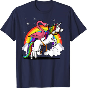 Flamingo Bird Riding Unicorn Magical Rainbow Kids Girls T-Shirt - T-Shirt | Navy