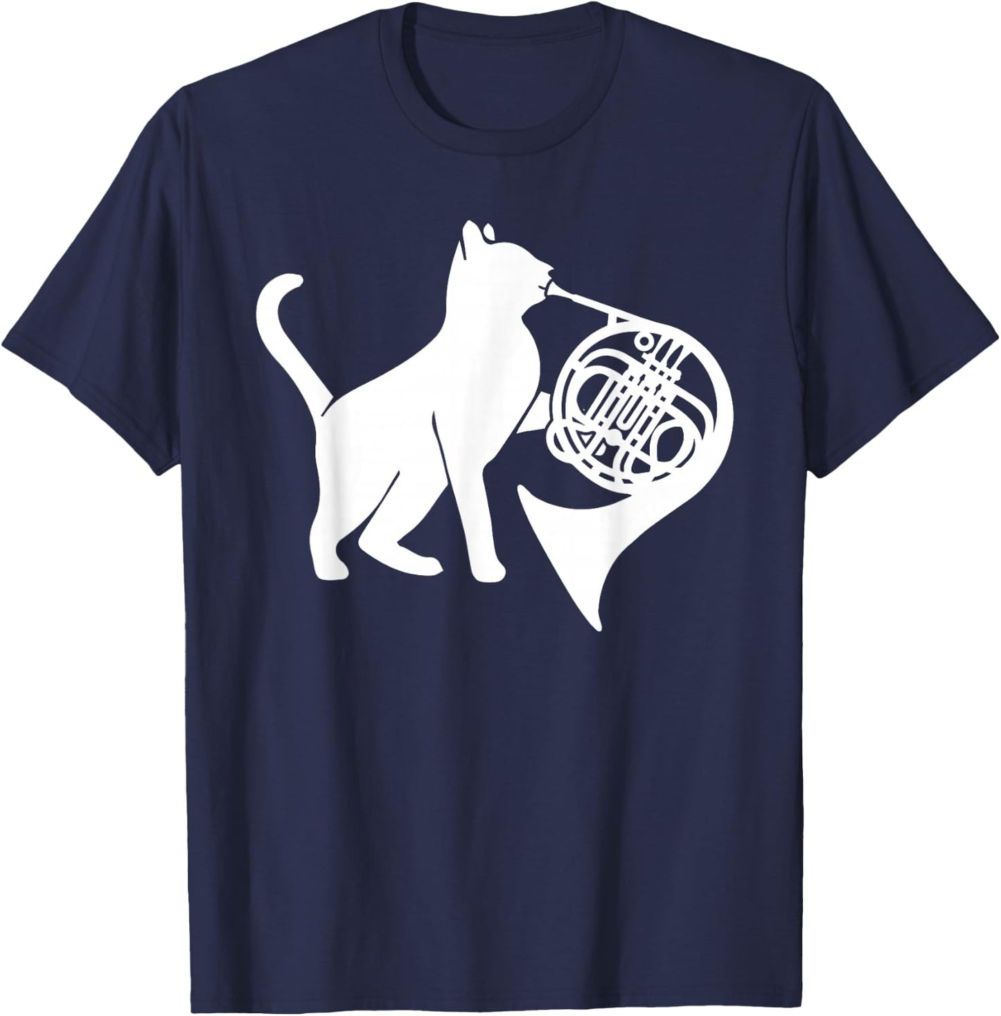 Cool Cat Playing French Horn Musician Orchestra Music T-Shirt - T-Shirt | Navy