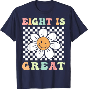 Eight Is Great Cute Groovy 8th Birthday Party Daisy Flower , Small, Black T-Shirt - T-Shirt | Navy