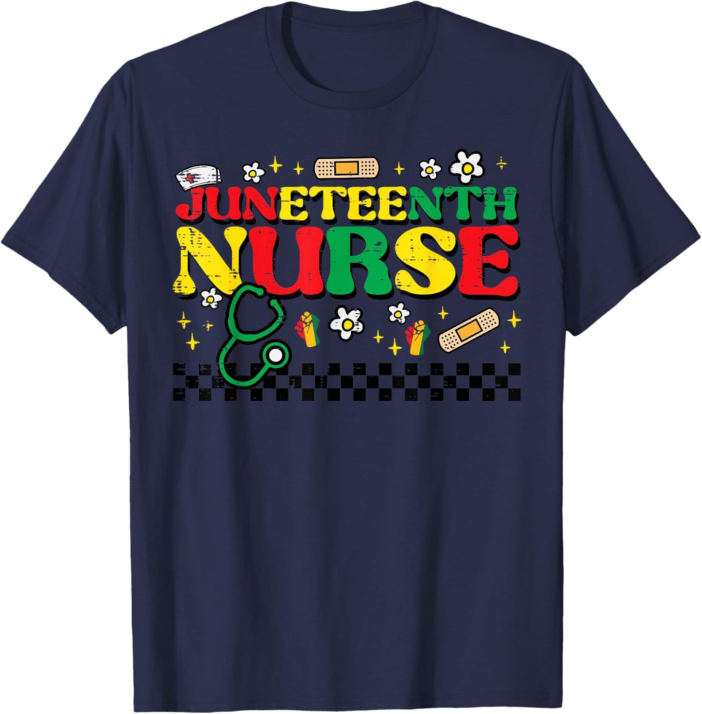 Juneteenth Nurse Groovy Retro African Scrub Top Black Women T-Shirt - T-Shirt | Navy