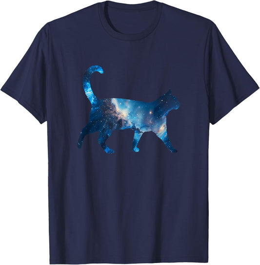 Aesthetic Silhouette Stars Space Galaxy Cat T-Shirt - T-Shirt | Navy