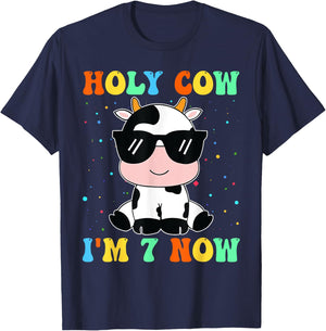 Kids Holy Cow I'm Two 7 Years Old 7th Birthday Boy Girl T-Shirt - T-Shirt | Navy