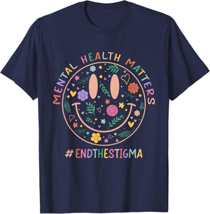 Mental Heath Matters End The Stigma Smile Face Flower Retro T-Shirt - T-Shirt | Navy