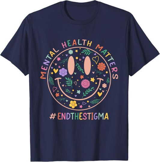 Mental Heath Matters End The Stigma Smile Face Flower Retro T-Shirt - T-Shirt | Navy