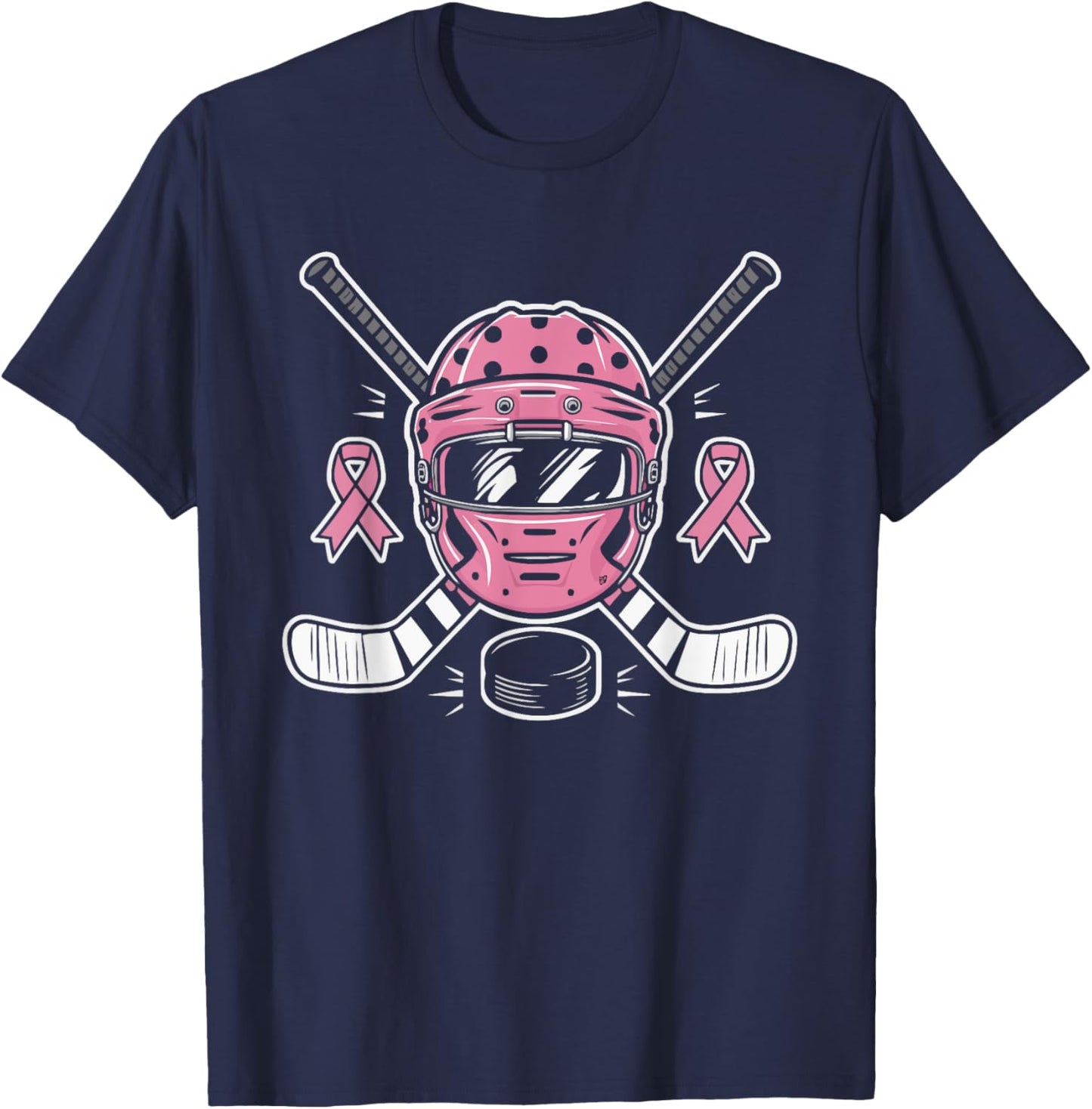 Ice Hockey Breast Cancer Awareness Month Pink Ribbon T-Shirt - T-Shirt | Navy