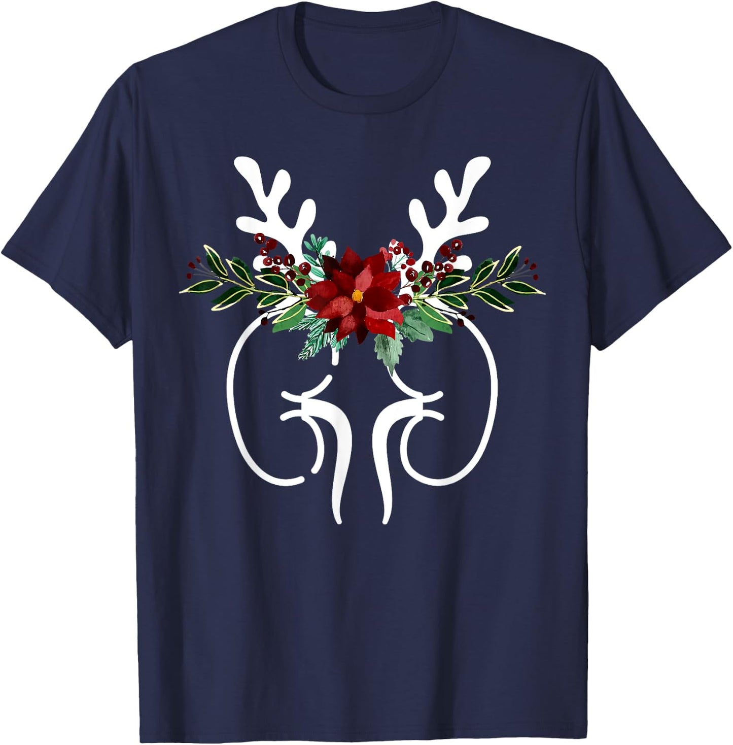 Anatomy Kidney Floral Reindeer Christmas Dialysis Nurse T-Shirt - T-Shirt | Navy