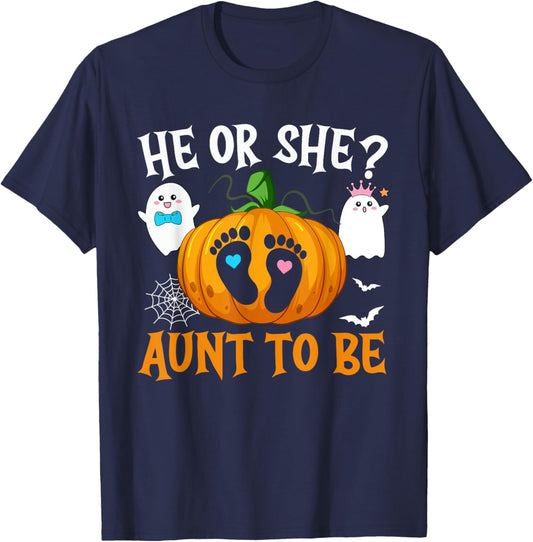 Halloween Gender Reveal He or She Aunt To Be Pumpkin T-Shirt - T-Shirt | Navy
