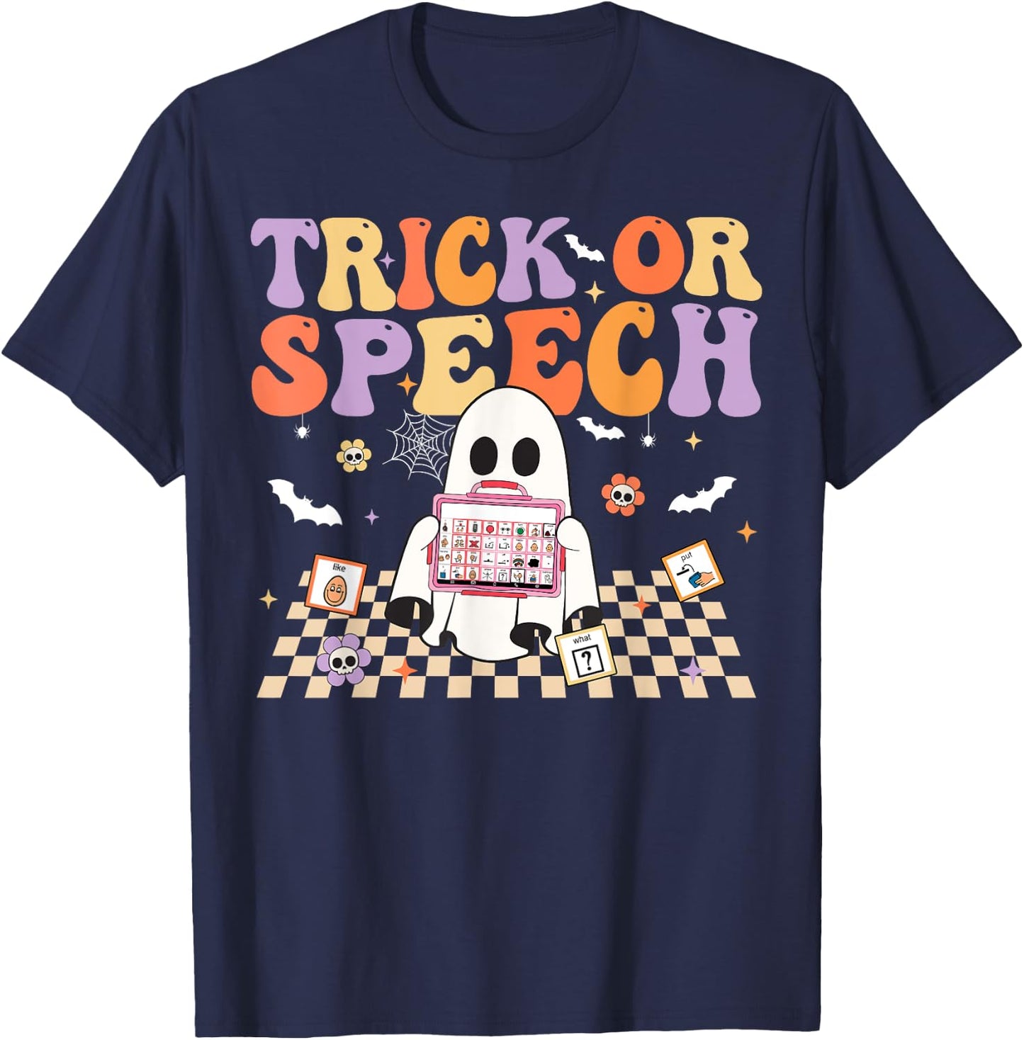 Trick or Speech Retro SLP Halloween Speech Therapy T-Shirt - T-Shirt | Navy