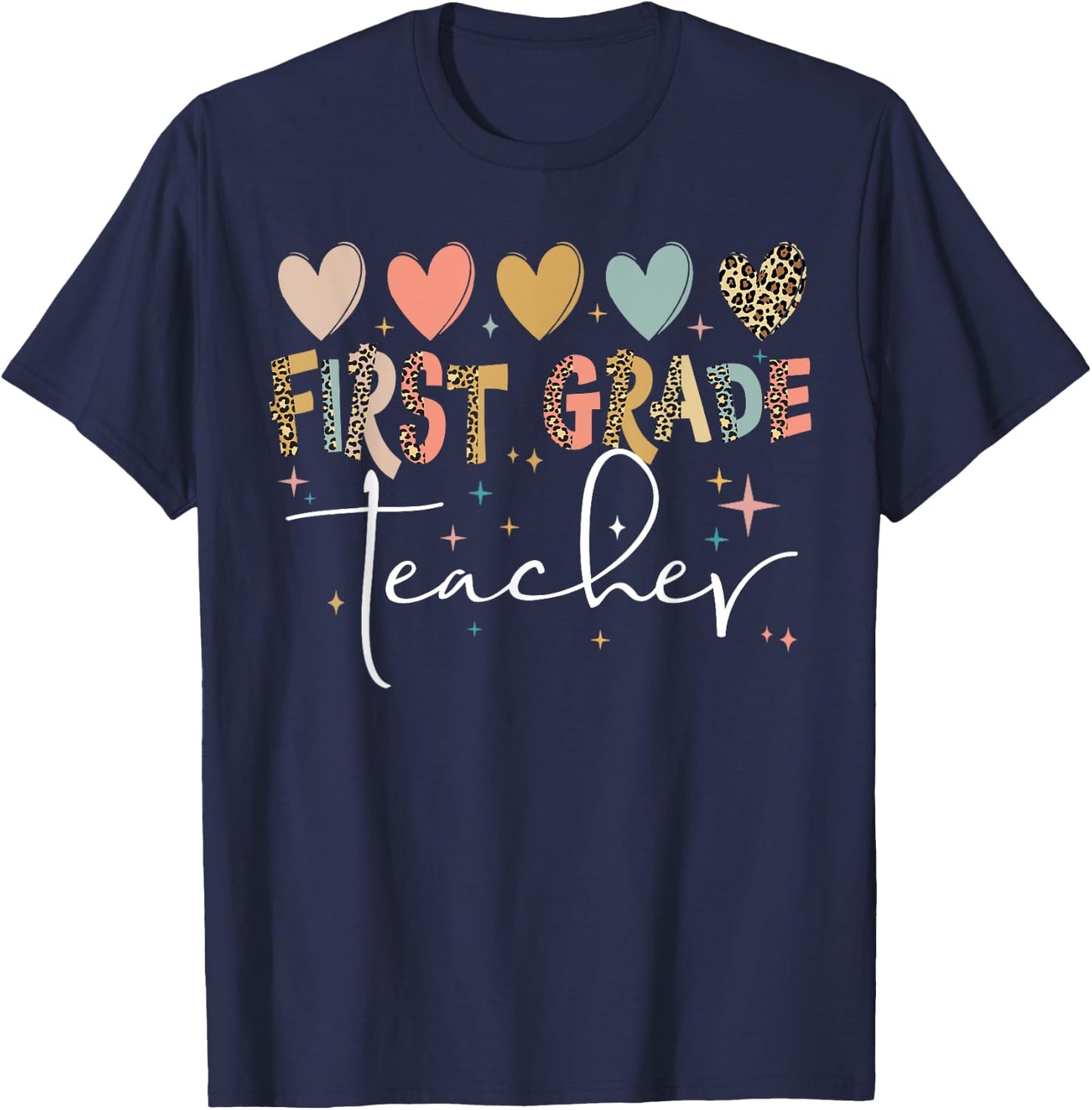 First Grade Teacher Shirt Cute Heart Leopard Back to School Women Kids T-Shirt - T-Shirt | Navy