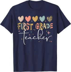 First Grade Teacher Shirt Cute Heart Leopard Back to School Women Kids T-Shirt - T-Shirt | Navy