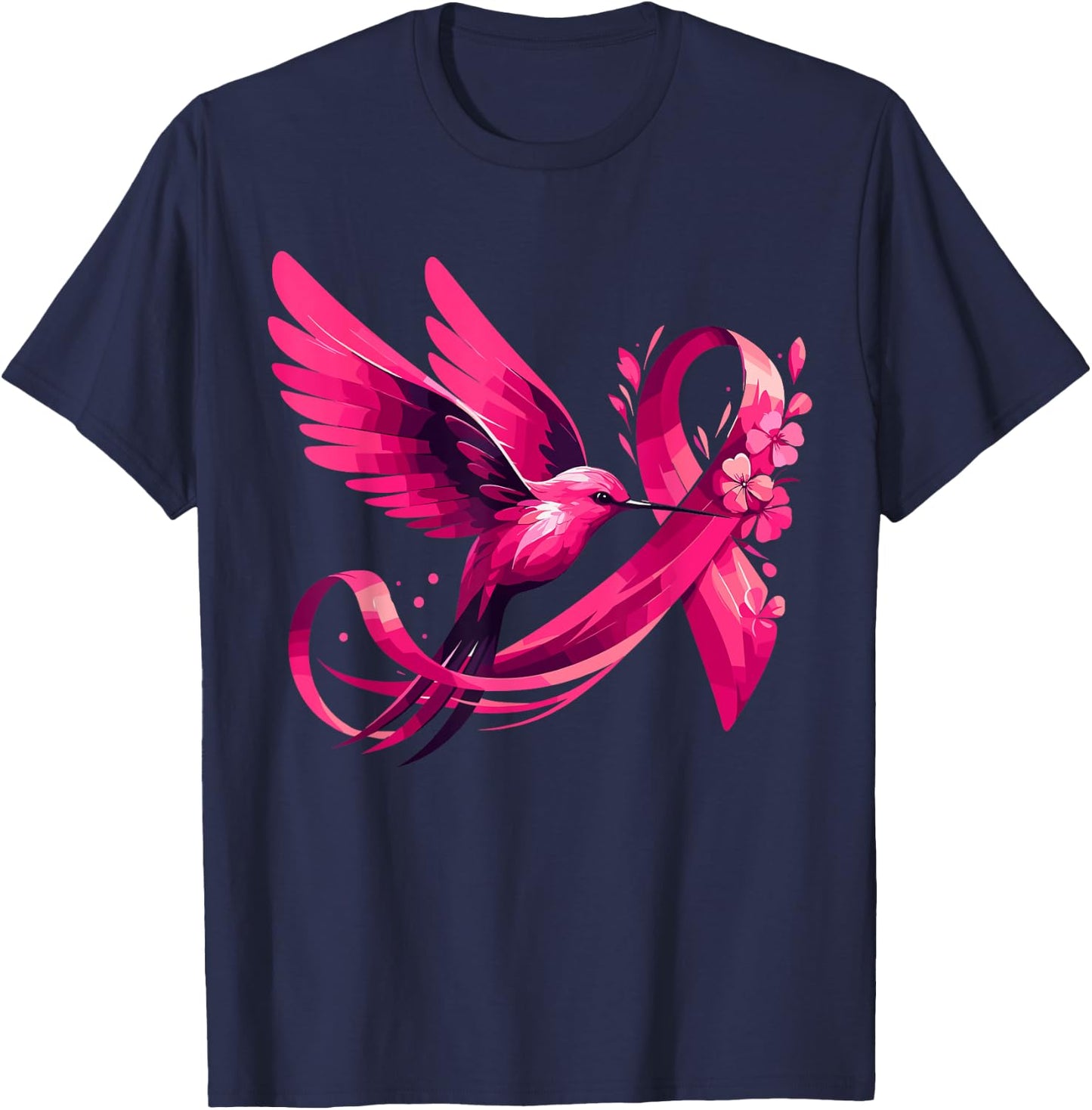 Hummingbird Flower Pink Ribbon Breast Cancer Awareness T-Shirt - T-Shirt | Navy