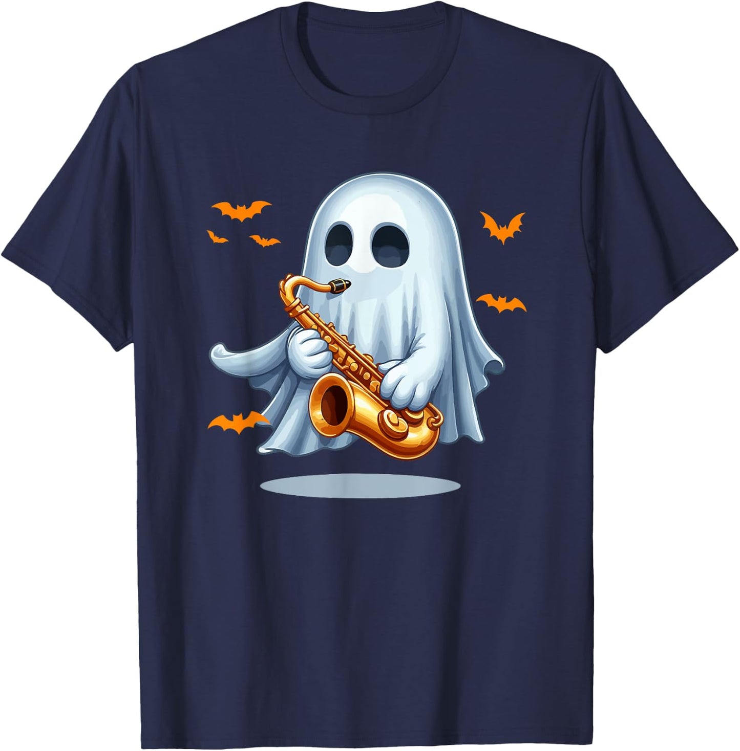 Boo Ghost Playing Saxophone Halloween Musical Instrument T-Shirt - T-Shirt | Navy
