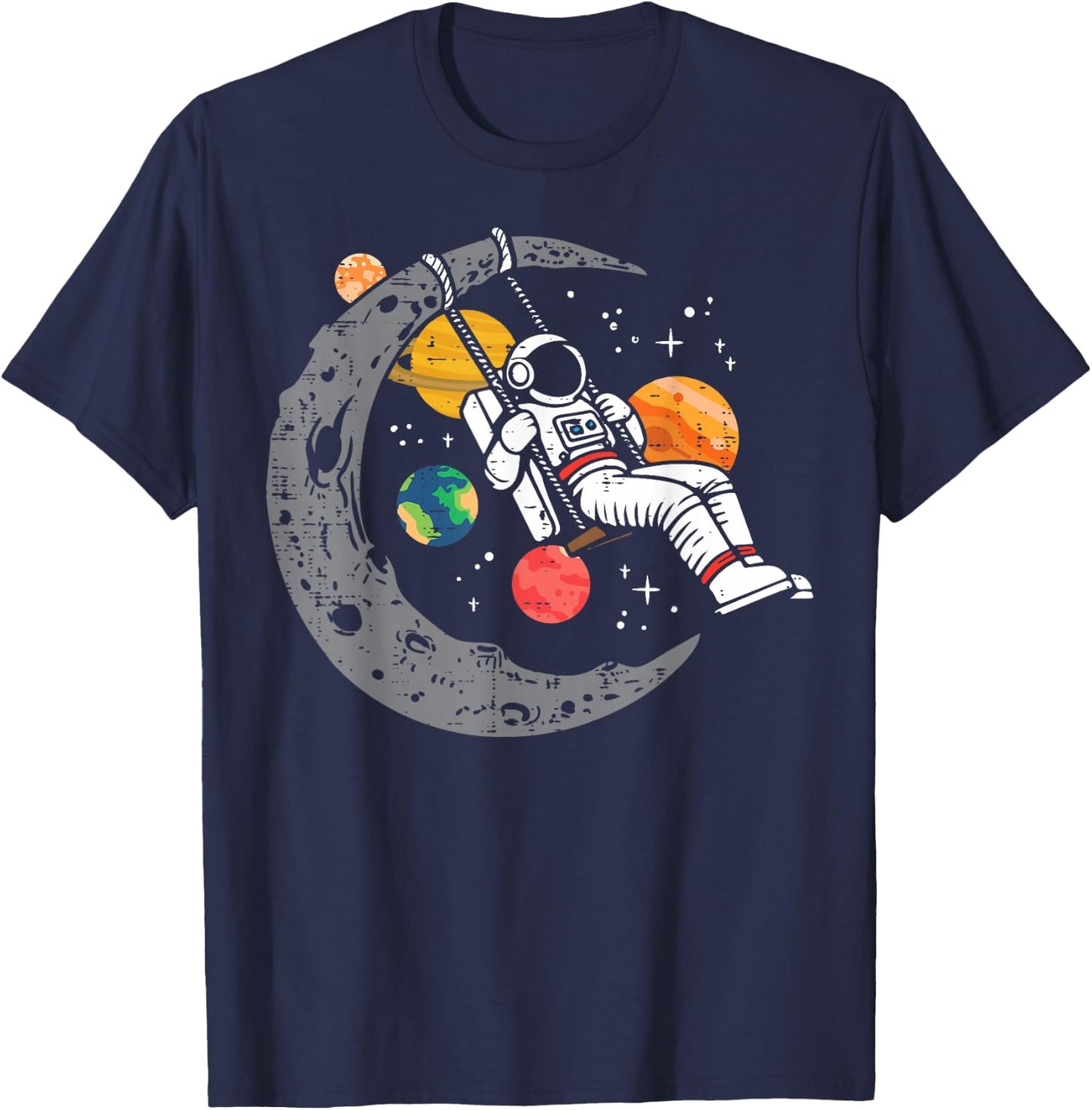 Astronaut Moon Swing Planets Space Galaxy Women Kids Men T-Shirt - T-Shirt | Navy