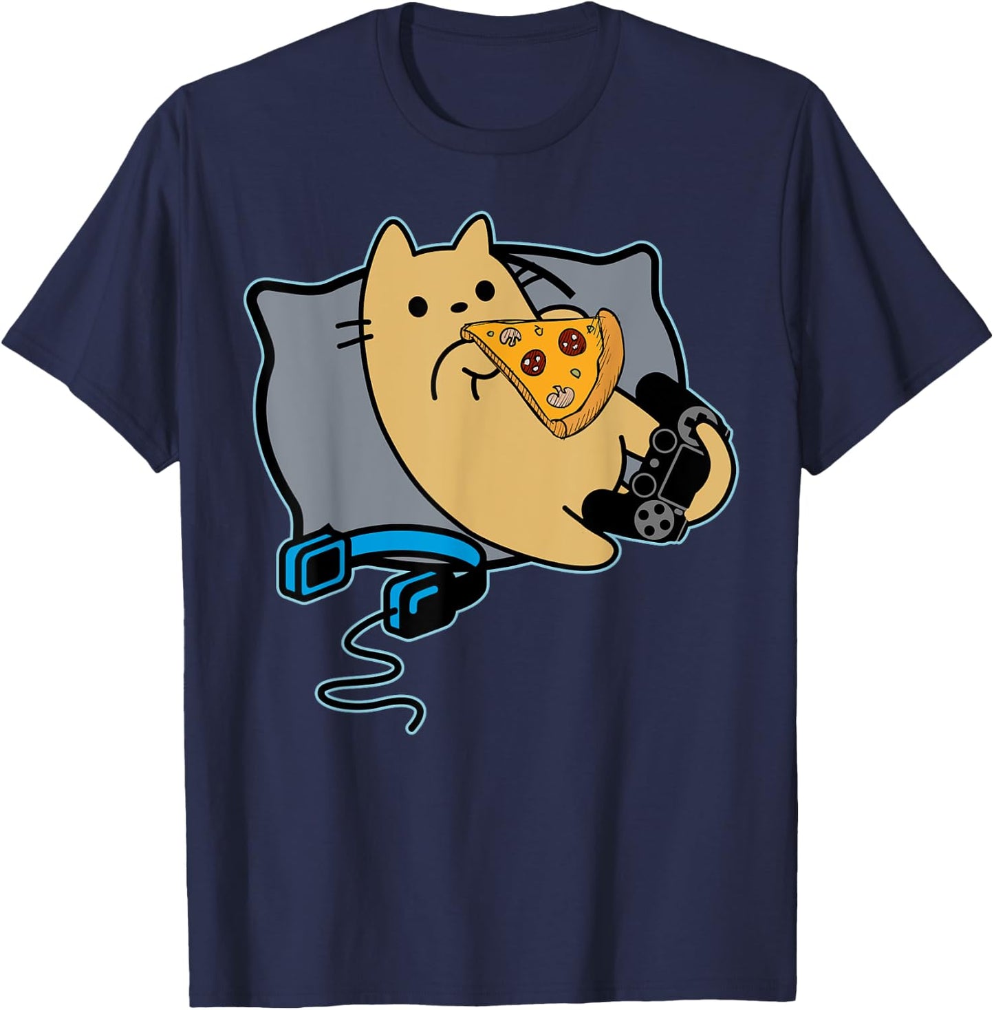 Nerdy Pizza Eating Gamer Cat Game Paused T-Shirt - T-Shirt | Navy