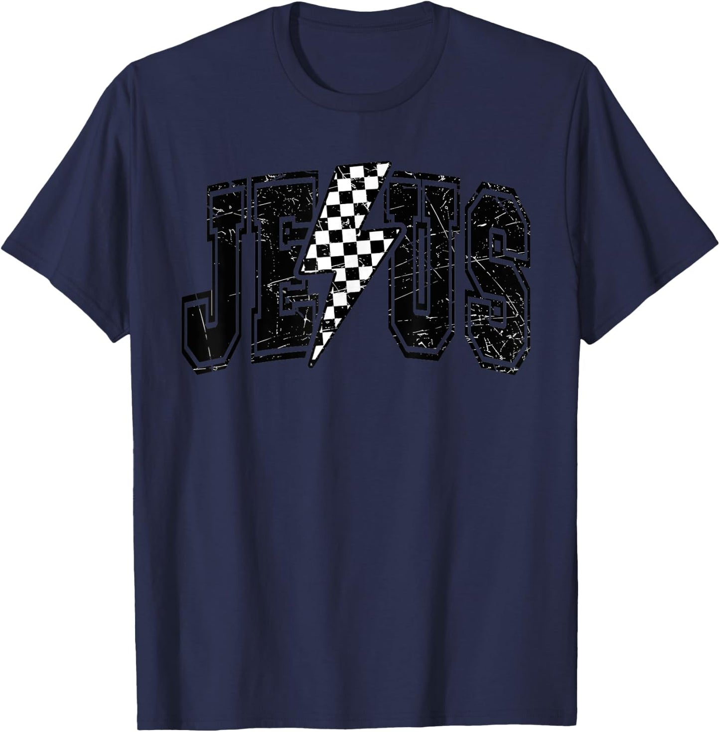 Funny Retro Groovy Checkered Jesus Lightning Bolt Apparel T-Shirt - T-Shirt | Navy